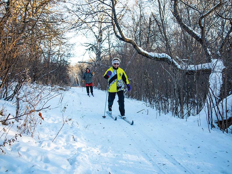Two people cross-country skiing on a trail in the Brandon Hills