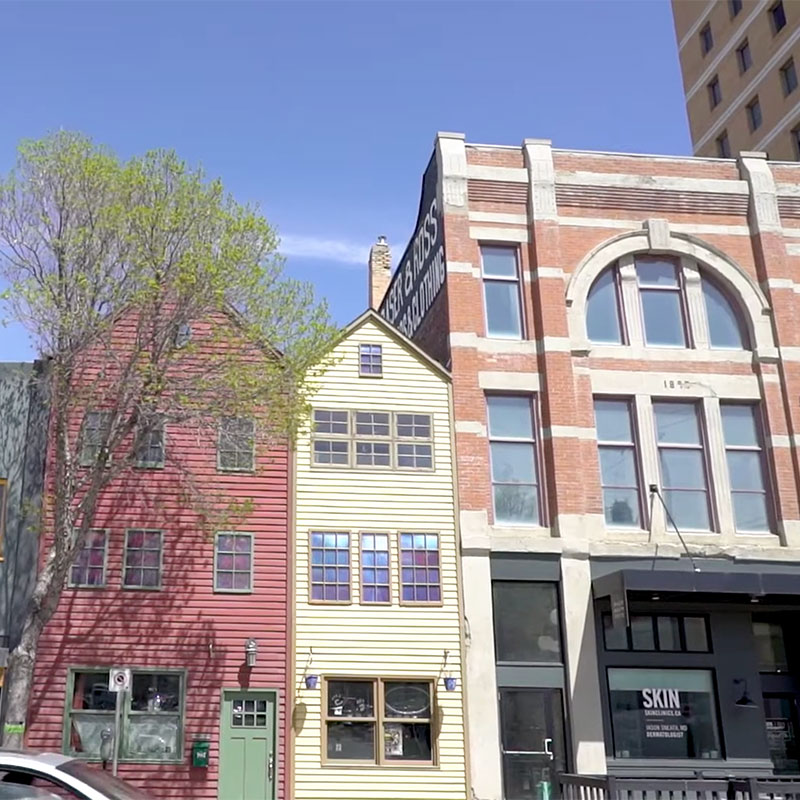 Colourful historic buildings along Rosser Avenue in downtown Brandon